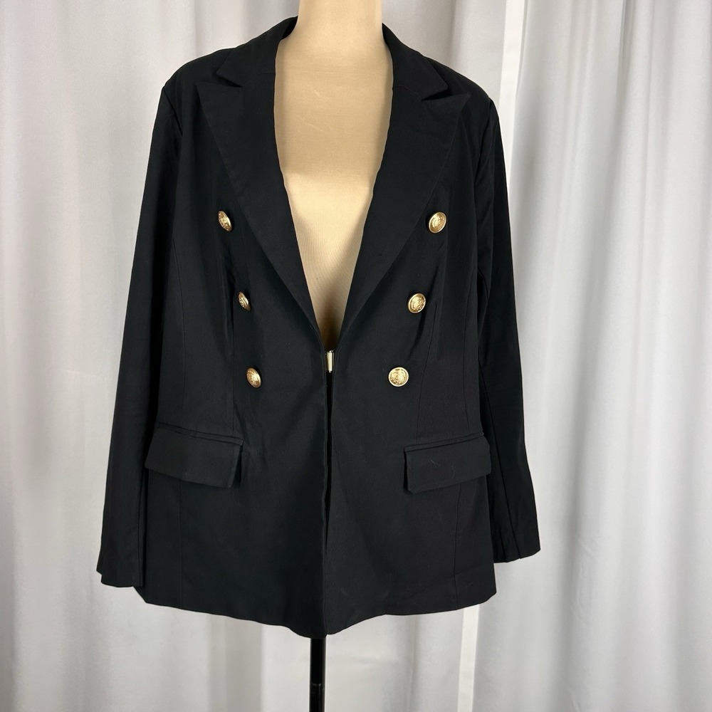 Lane Bryant The Bryant Blazer Sz 18 Hook Closure STRETCHY Gold Button Dbl Breast